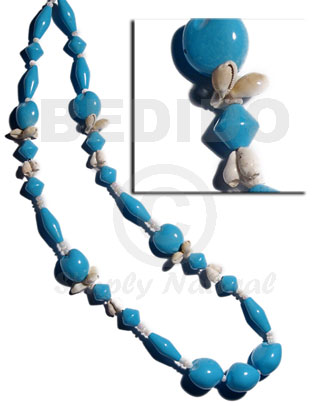 lei / kukui seeds and nat. wood beads in bright blue combination  nassa shells / 34in - Home
