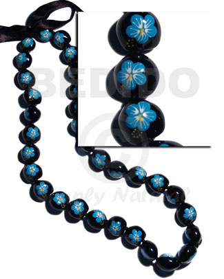 lei / black kukui seeds  handpainted light blue flowers - 32 pcs/ 34 in.adjustable - Home