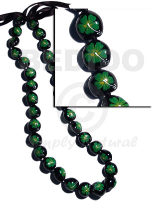 lei / black kukui seeds  handpainted green flowers - 32 pcs/ 34 in.adjustable - Home