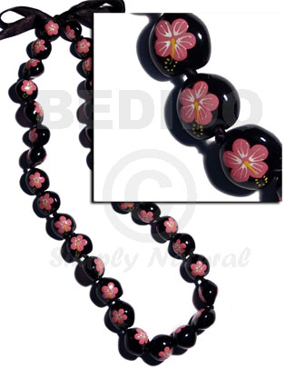lei / black kukui seeds  handpainted pink flowers - 32 pcs/ 34 in.adjustable - Home