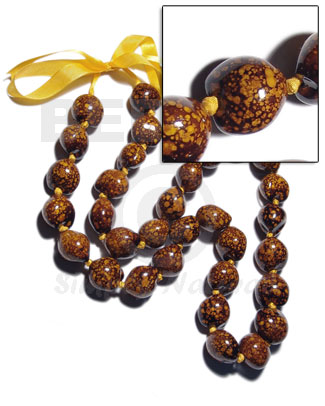 32 pcs. of kukui nuts in high polished paint gloss marbleized dark brown/yellow combination  in matching ribbon /lei / 36in - Home