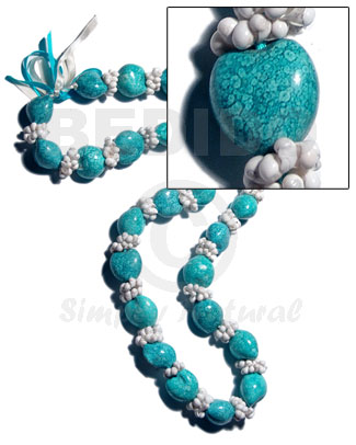 27 pcs. of kukui nuts in high polished paint gloss mableized aqua blue green combination  white mongo shell rings  combination in matching ribbon /lei / 36in - Home