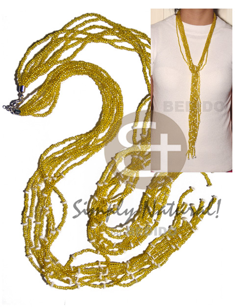 scarf necklace - 7 rows yellow glass beads  tassled white clam / 36 in. - Home