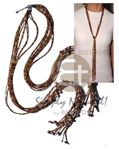 scarf necklace - 7 rows brown/gold cut glass beads  tassled bonium shell / 46 in. - Home