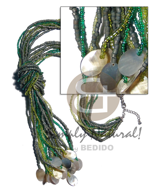 3 rows glass beads & 3 rows green 2-3mm coco heishe  adjustable knot & tassled 20mmx15mm MOP / 42 in - Home