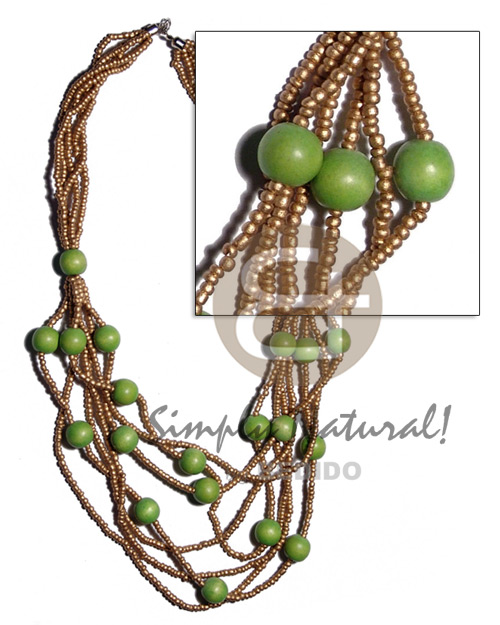 5 rows  graduated multilayered  2-3mm coco Pokalet in gold  lime green 15mm round wood beads accent / 32 in. - Home
