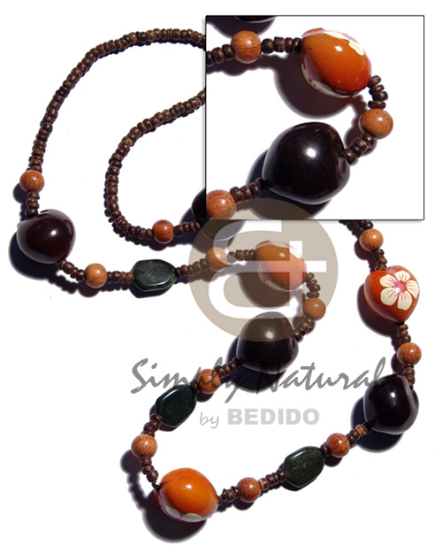 4-5mm nat. brown coco Pokalet  kukui nuts & wood beads combination / 30 in. - Home