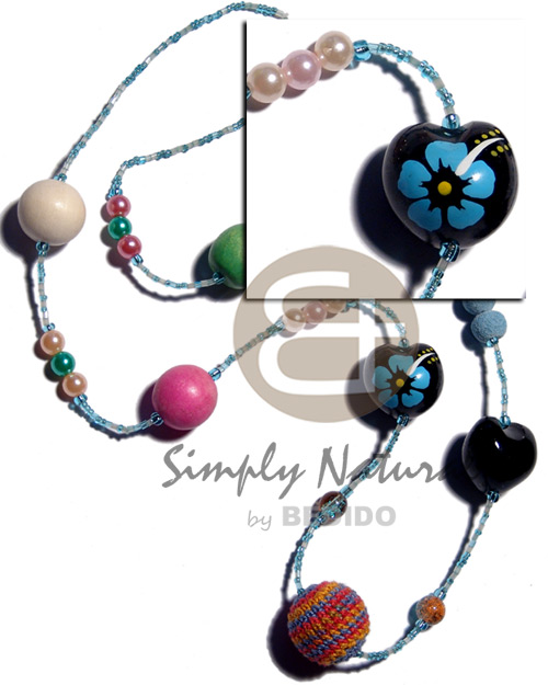aqua blue cut beads  kukui nuts, 20mm warapped wood beads, pearl beads, 20mm roind wood beads combination / 32 in. - Home