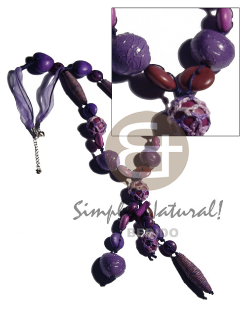 tassled asstd. wood beads  wrappped wood beads, kukui nuts in crumpled painted paper texture on wax cord andribbon  in lavender tones / 28in. - Home