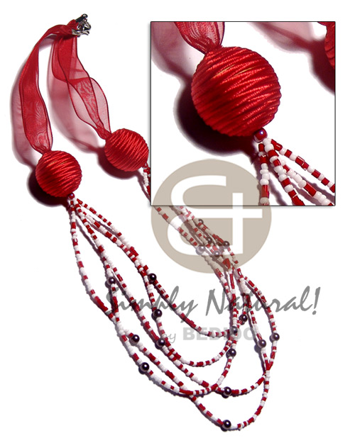 5 r0ws red/white glass beads in graduated layerr 24"/23"/22"/21"/20"  20mm wrapped wood beads and organza ribbon - Home