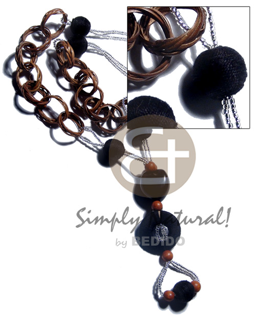 basket rings  kukui nuts/15mm wrapped wood beads/ 30mm wrapped wood ring and glass beads / 32in./ in black & brown tones - Home