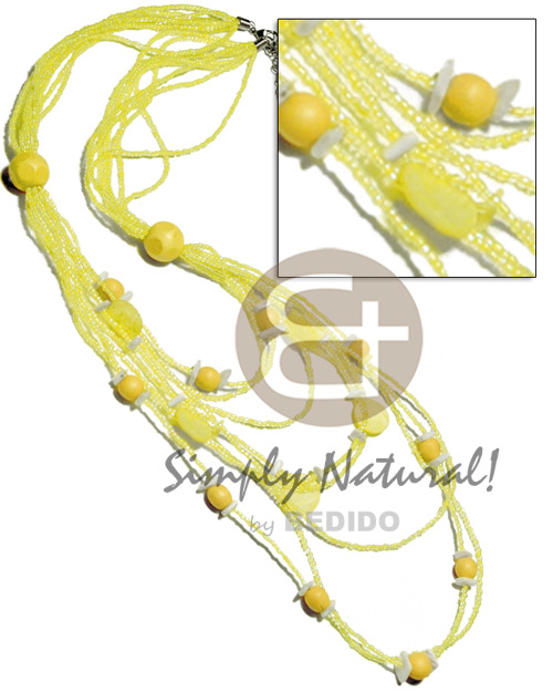 8  layers pastel yellow glass beads in graduated layers  nangka wood beads,, round capiz, and white rose accent / 32 in - Home