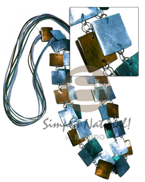 6 layers satin cord    double row 34 pcs. square 25mm laminated capiz in metal rings/  40in / in light blue, blue green and brown tones - Home