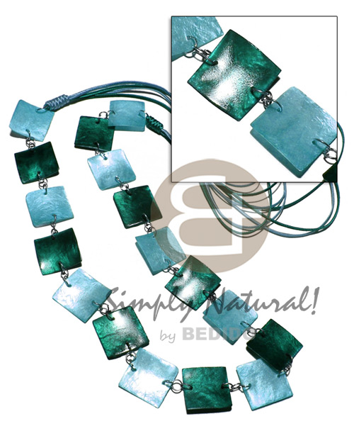 4 layers satin cord    single row 17 pcs. square 25mm laminated capiz in metal rings/  40in / in dark green and sky blue tones - Home