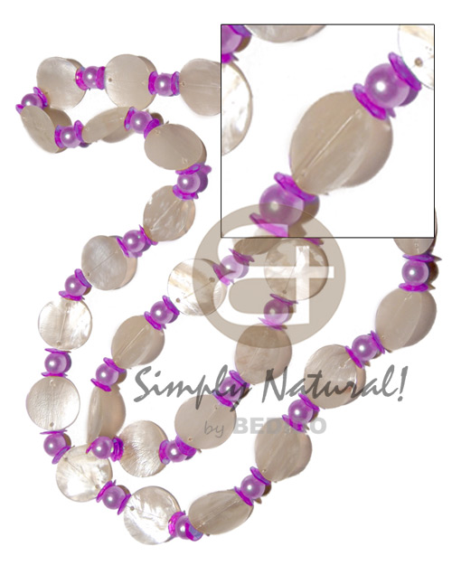 27 pcs. single row 25mm nat. white round hammershells  lilac tones pearl beads and sequins accent / 38in - Home