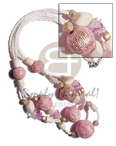 3 layers white cut glass beads  25mm/20mm/15mm wood beads in textured brush paint pink/metallic gold combination / 24in - Home
