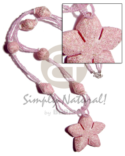 2 layers pink glass beads  asstd wood beads in textured brush paint pink/metallic gold combination and 55mm matching flower pendant/ 26in - Home