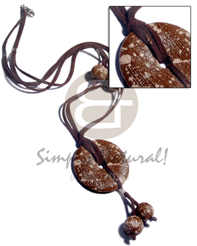 2 rows brown leather thong  15mm round textured brwon marbled wood beads and matching 50mm tassled  wood in donut shape /24in - Home