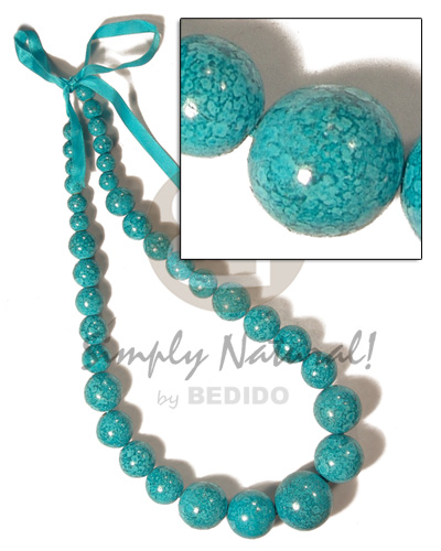 35 pcs. of  round wood beads graduated sizes- 30mm/25mm/20mm/15mm/10mm in high gloss polished paint in ribbon / in marbleized aqua blue-green tones - Home