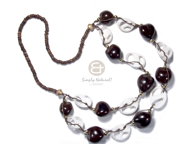4-5mm coco nat. brown   2 graduated rows of kukui nuts and  sliced vertagus shell in wax cord  gold accent / 24in/28in - Home