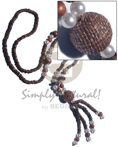 4-5mm coco Pokalet nat brown  8mm /12mm round wood beads, pearls beads accent  tassled wrapped 20mm wood beads / 32in plus 3.5in tassles - Home