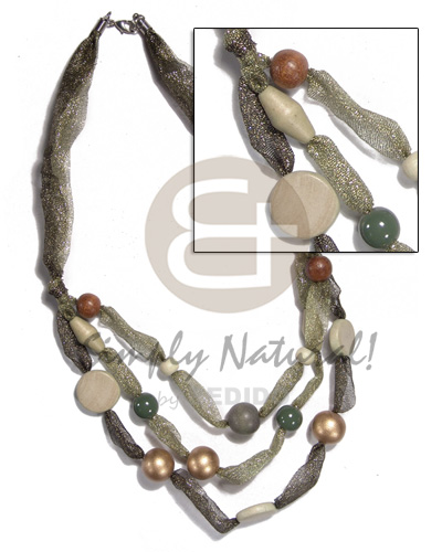 asstd. wood beads in multi layered glittery organza ribbon/ olive and gold tones / 18"/20"/22" - Home
