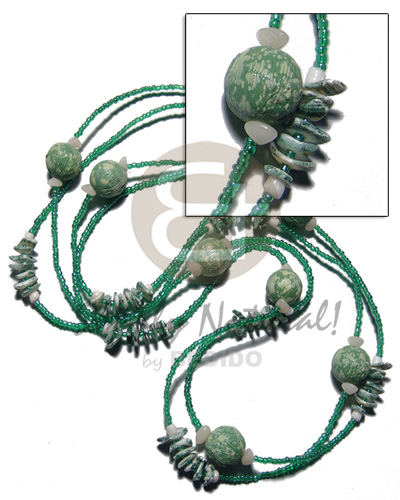 single layer textured painted wood beads  matching splashing white rose shells and glass beads / green tones / 60 in - Home