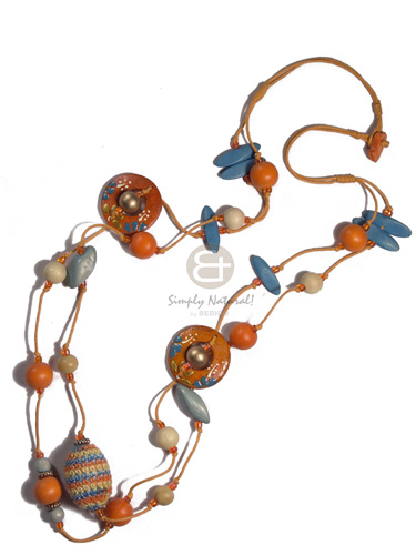 2 rows orange wax cord   asstd wood beads   wrapped 30mmx20mm woods beads and 35mm handpainted wood rings / orange, pastel yellow and blue tones / 34in - Home