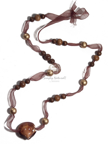 8mm/12mm/10mm round wood beads  cacol shell in organza ribbon / brown and gold tones / 36in - Home