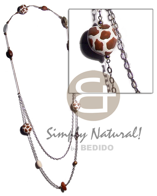 2 pcs. giraffe kukui nuts, wood beads,phil. abalone combination in wax cord  2 graduated rows of metal chain / 44in - Home