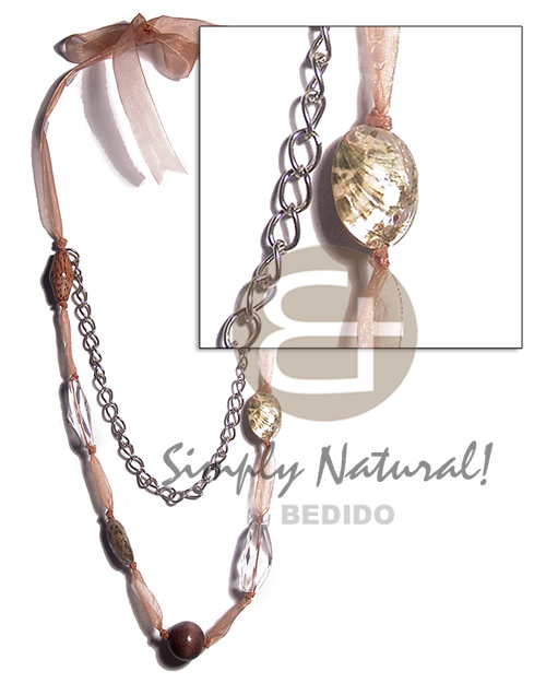 2 pcs. philippine abalone, 2pcs chunky wood beads, 1 pc brown kukui nut , 2 pcs clear acrylic crystals combination in organza adjustable ribbon  metal chain accent / 22in plus 30in extender ribbon - Home
