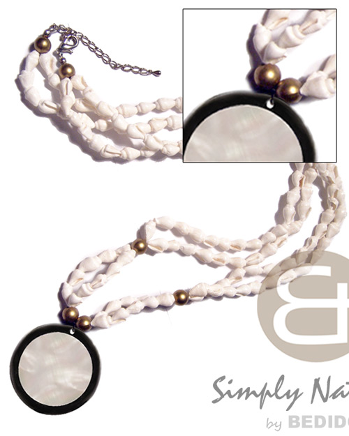 45mm round kabibe shell in black resin backing on 26in. double row white nassa shell neckline  gold wood beads accent /  ext. chain - Home