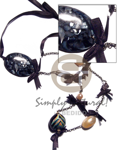 50x36mm hammershell chips in laminated black resin gold mouth shells, peacock kukui nuts, ressin nuggets combination in black adjustable ribbon  and antique chain metal / 22in plus 28in extender ribbon - Home