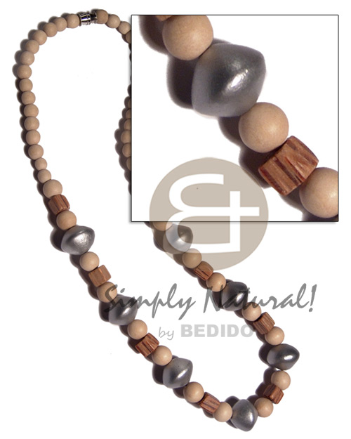 6mm round nat. wood beads palwood cubes and 12mmsaucer wood bead in silver color combination /16in /barrel lock - Home