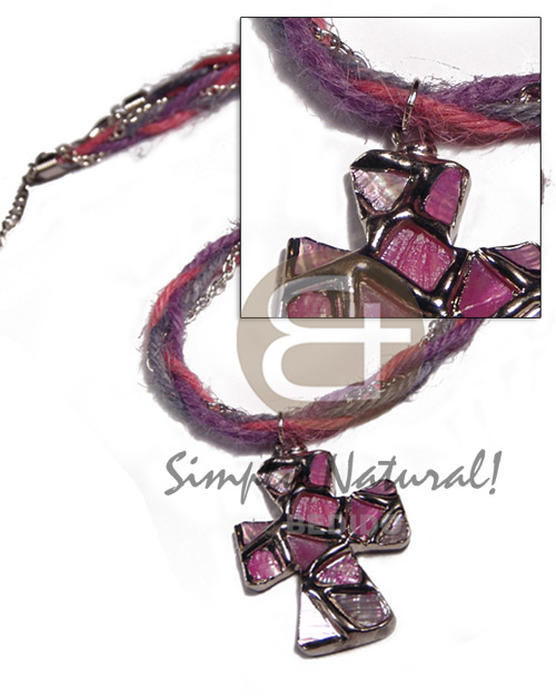 3 rows pink/lavender/gray 2mm jute cord  intertwined metal chain accent and cross 40mm glistening pink abalone pendant / molten silver metal series /  attached 5mm bell ring / electroplated / 18in - Home