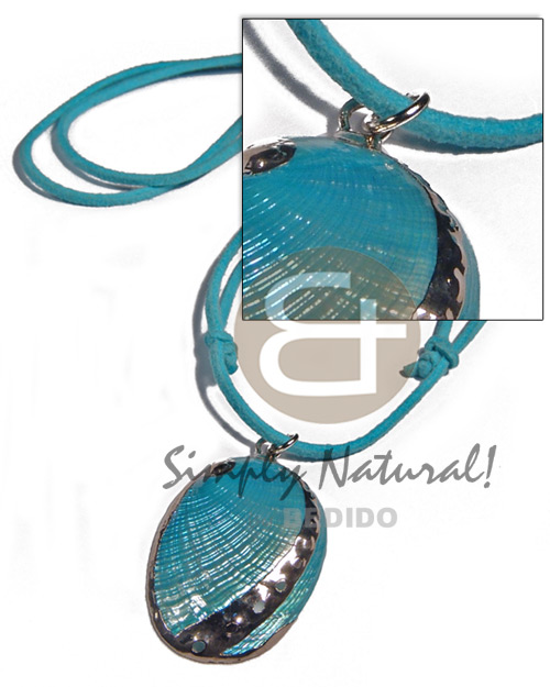 glistening turquoise abalone  in matching adjustable leather thong (approx.  45mm - varying natural sizes ) molten silver metal series /  attached jump rings / electroplated / a-2 - Home