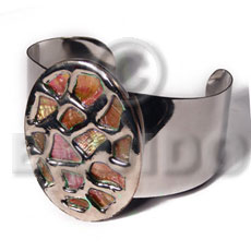 haute hippie 38mmx28mm metal cuff bangle  58mmx43mm oval glistening orange abalone / molten silver metal series / electroplated - Shell Bangles