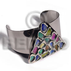 haute hippie 38mmx28mm metal cuff bangle  50mm triangle glistening multicolor abalone / molten silver metal series / electroplated - Shell Bangles