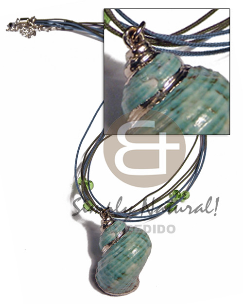 6 rows cell string blue gray/olive green combination  glass beads accent and green turbo shell pendant (approx.  35mm - varying natural sizes ) molten silver metal series /  attached jump rings / electroplated / st-11 / 16in - Home