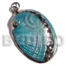 glistening turquoise abalone  (approx.  45mm - varying natural sizes ) molten silver metal series /  attached jump rings / electroplated / a-2 - Shell Pendant