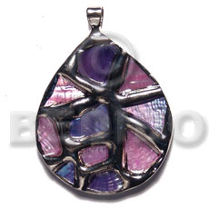teardrop 50mmx42mm glistening abalone in pastel / molten silver metal series /  attached 5mm bell ring / electroplated - Shell Pendant