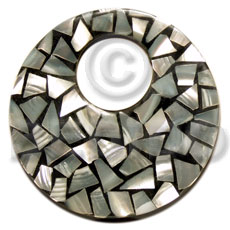 flat 65mm round black resin laminated  kabibe chips  23mm hole - Shell Pendant