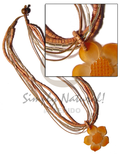 2 layers gold cutbeads, 2 layers 2-3mm tan coco heishe, 2 layers tan wax cord  hammershell graduated orange 45mm flower  grooved nectar - Home