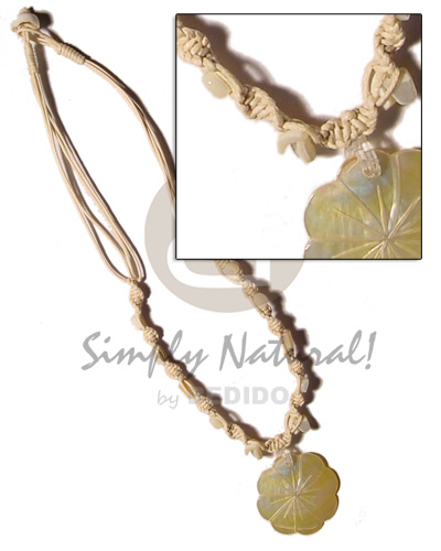 4 layer knotted wax cord  shell accent & 40mm flower MOP pendant - Home