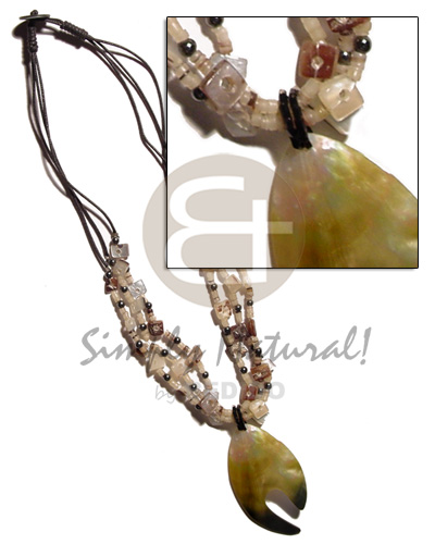 3 layer 2-3mm hammershell heishe  sq.cut shell accent in wax cord & 45mm blacklip pendant - Home