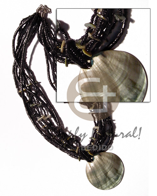 6 layers black glass beads & coco 2-3mm heishe  shell chips & blacklip 50mm round pendant - Home