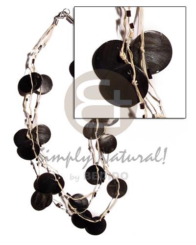3 rows raffia in graduated length  21 pcs. round 18mm black tab and glass beads accent - Home