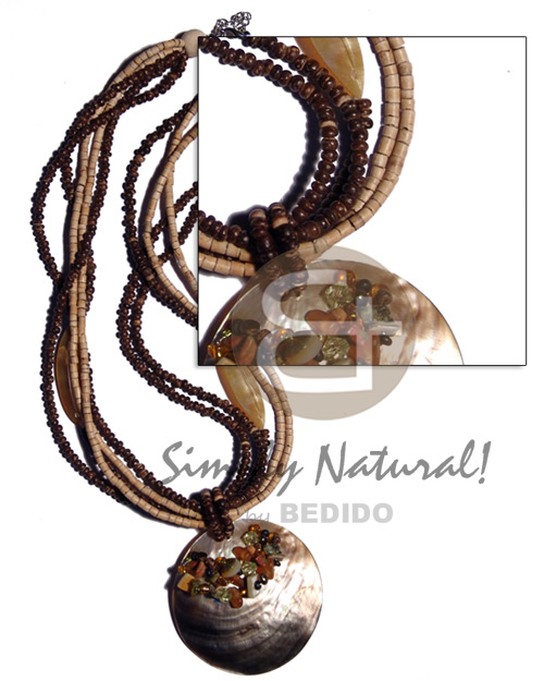 5 layers 2-3mm coco heishe nat./2-3mm coco Pokalet nat. brown combination  MOP accent & 60mm brownlip round pendant  nuggets accent on top / 20 in. - Home