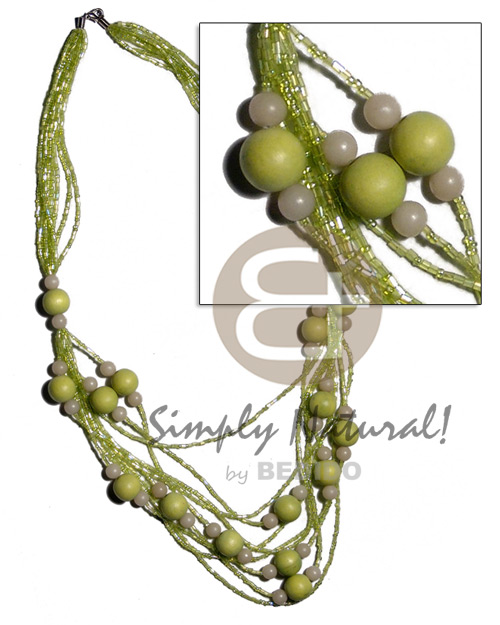 5 rows  graduated multilayered lime green cut glass beads   buri seeds and wood beads accent/green tones / 32 in - Home