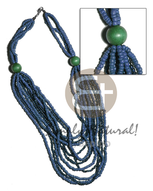 4 rows  graduated multilayered  4-5mm coco Pokalet beads  4 rows 4mm glass beads and  20mm round wood beads accent / blue-green tones / 32 in - Home